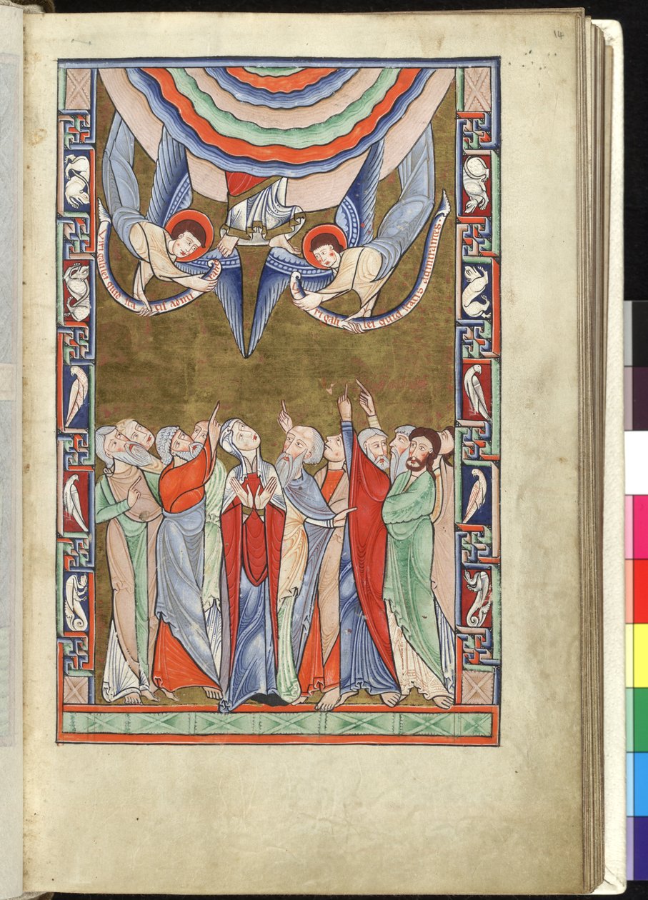 Ms Hunter 229 f.14r La Ascensión, del Salterio Hunteriano, c.1170 (pluma y tinta y temple sobre vitela) de English School
