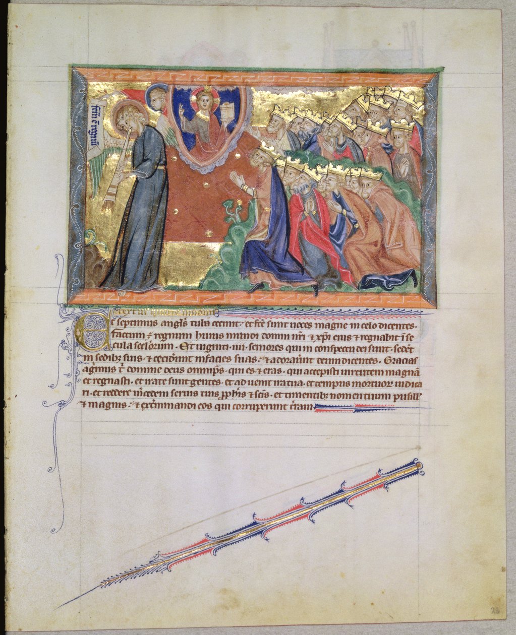 El séptimo ángel tocando su trompeta y los 24 ancianos adorando a Dios, del Apocalipsis de Gulbenkian, c.1265-70 de English School