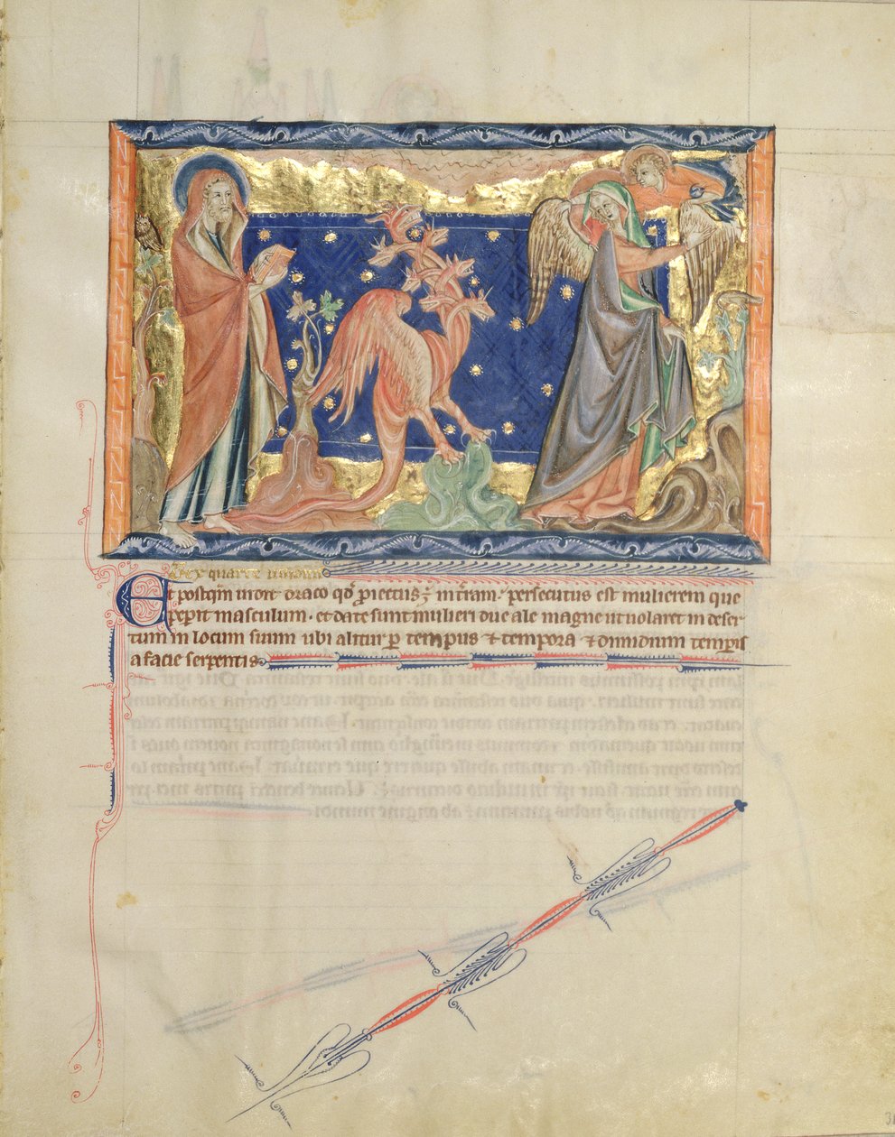 San Juan viendo a un ángel ayudar a la mujer a escapar del dragón rojo, del Apocalipsis de Gulbenkian, c.1265-70 de English School