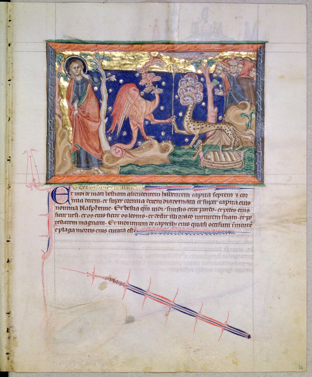 El dragón rojo entregando su poder a la bestia del mar, del Apocalipsis de Gulbenkian, c.1265-70 de English School