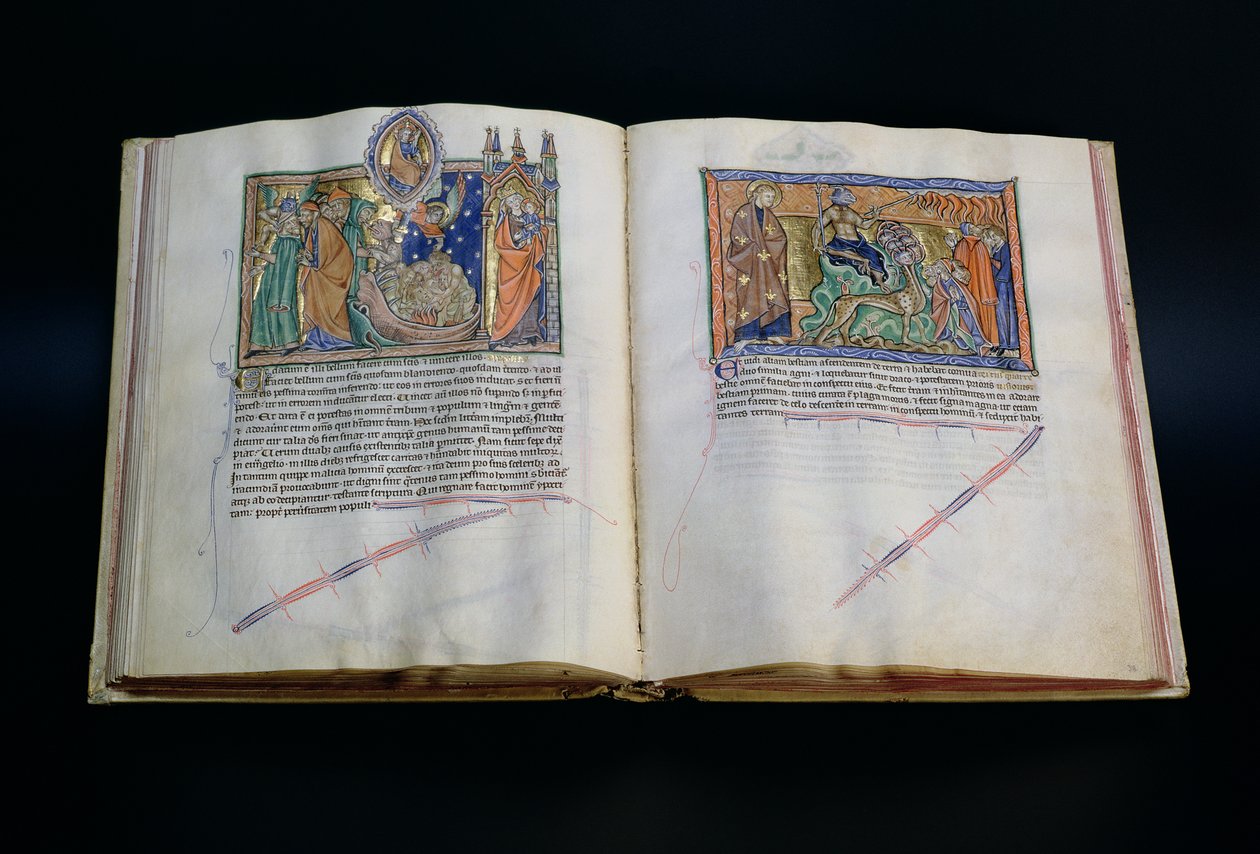 La bestia blasfemando el nombre de Dios y la gente adorando a la tercera y segunda bestias, del Apocalipsis de Gulbenkian, c.1265-70 de English School