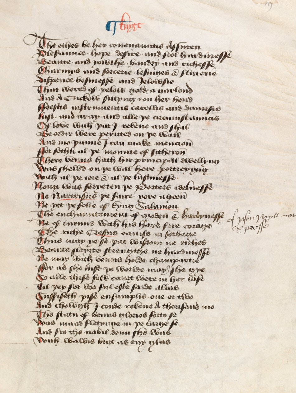 Ms. New Coll 314, f19r, Los cuentos de Canterbury por Geoffrey Chaucer de English School