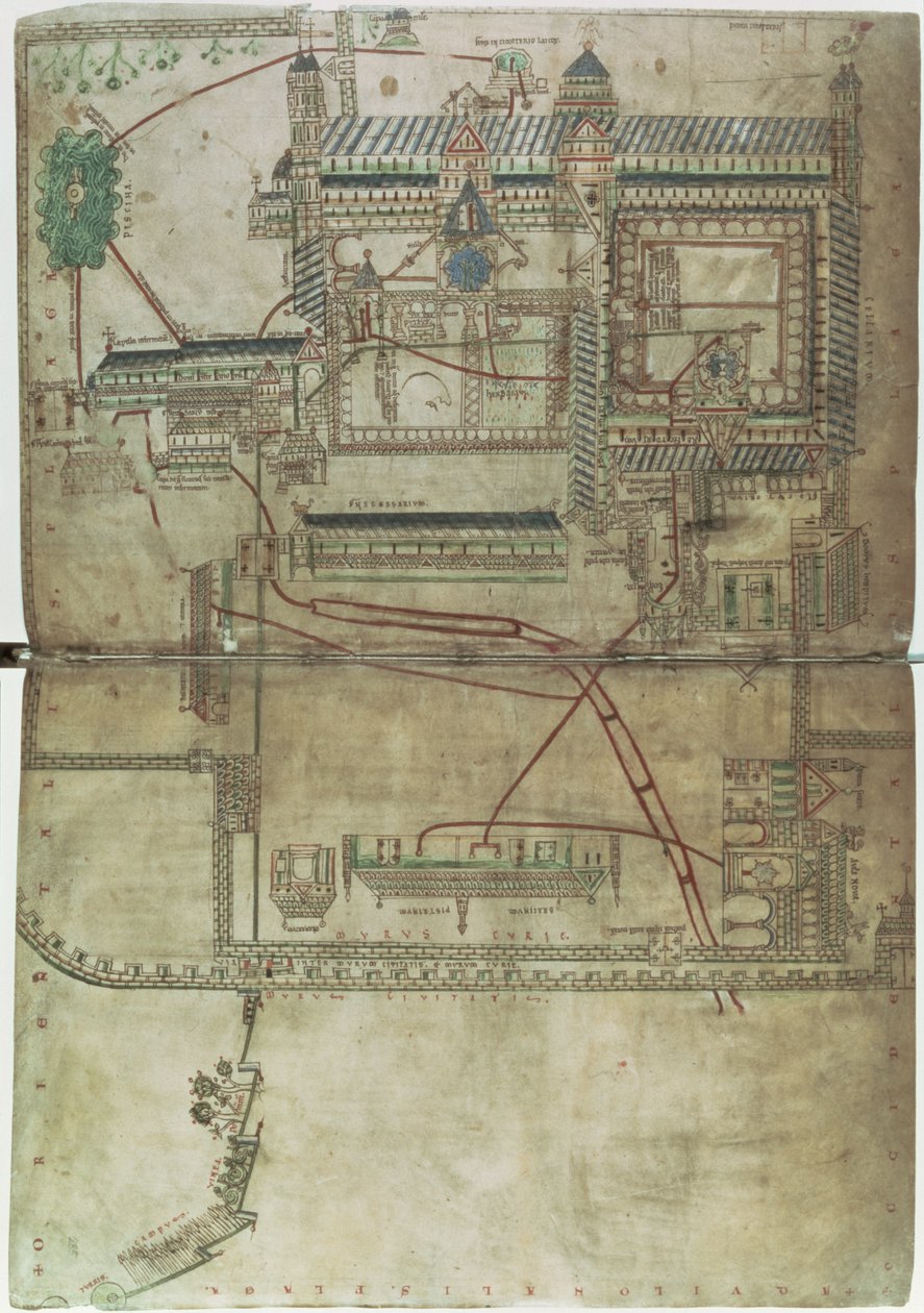 Ms R 171 f.285 Plano de la catedral de Canterbury y del sistema de tuberías, del "Salterio de Eadwine", c.1150 (vitela) de English School