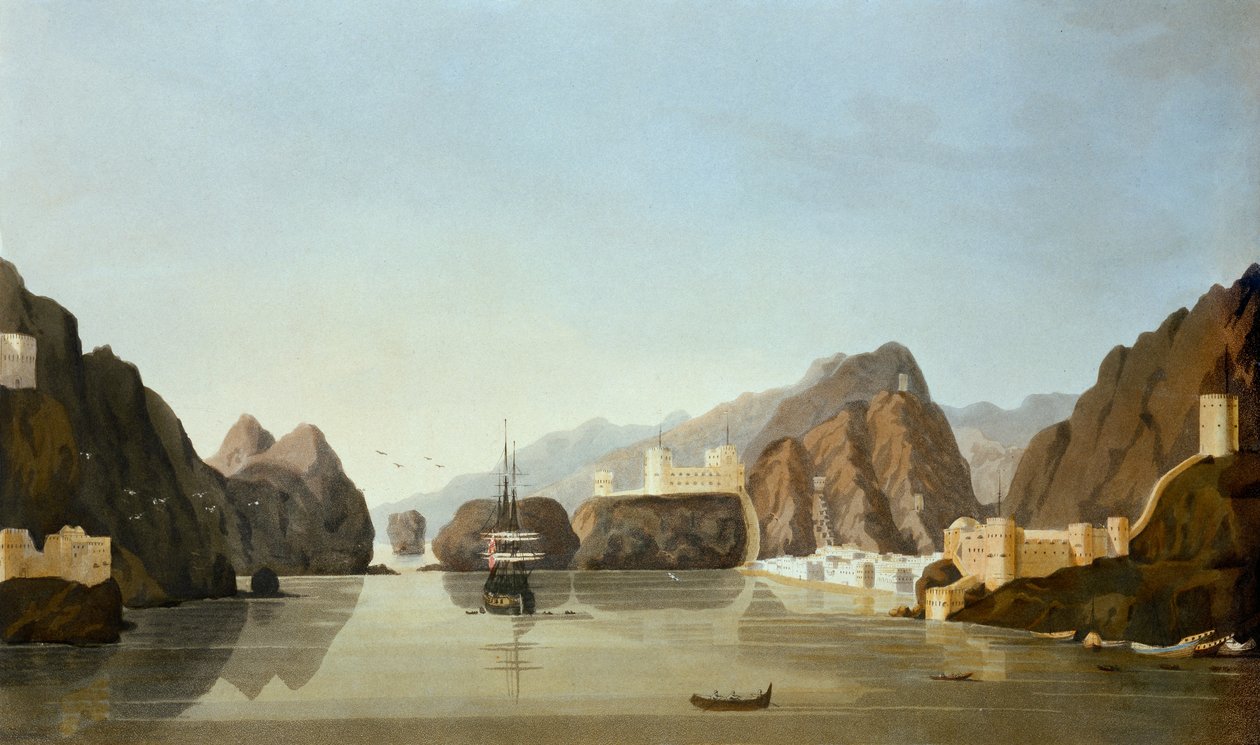 Mascate desde el puerto con una fragata británica anclada, de Dieciséis vistas de lugares en el Golfo Pérsico, por el teniente R. Temple, publicado en 1813 de English School