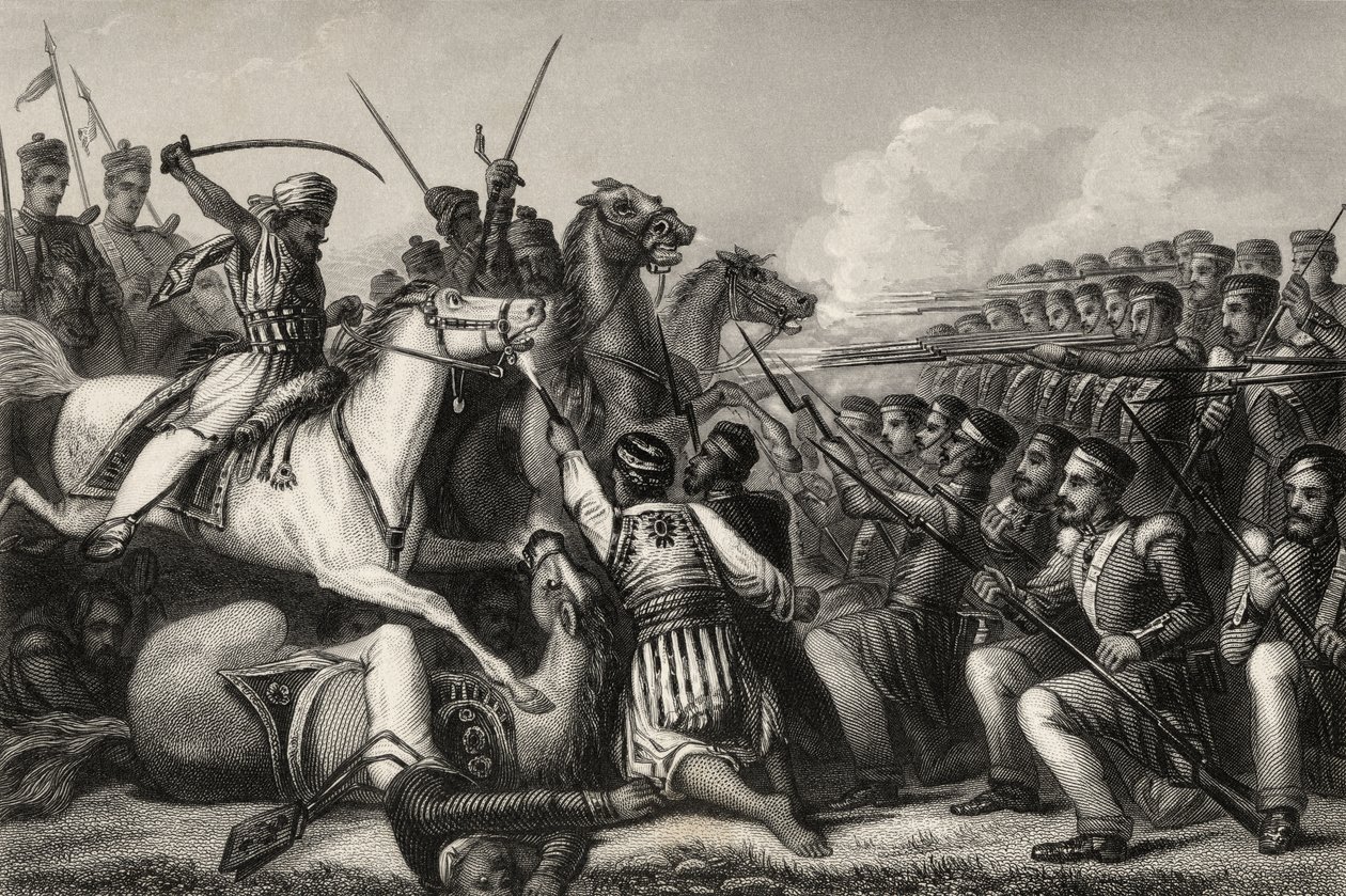 Caballería amotinada atacando una plaza de infantería en la Batalla de Cawnpore en 1857, de 