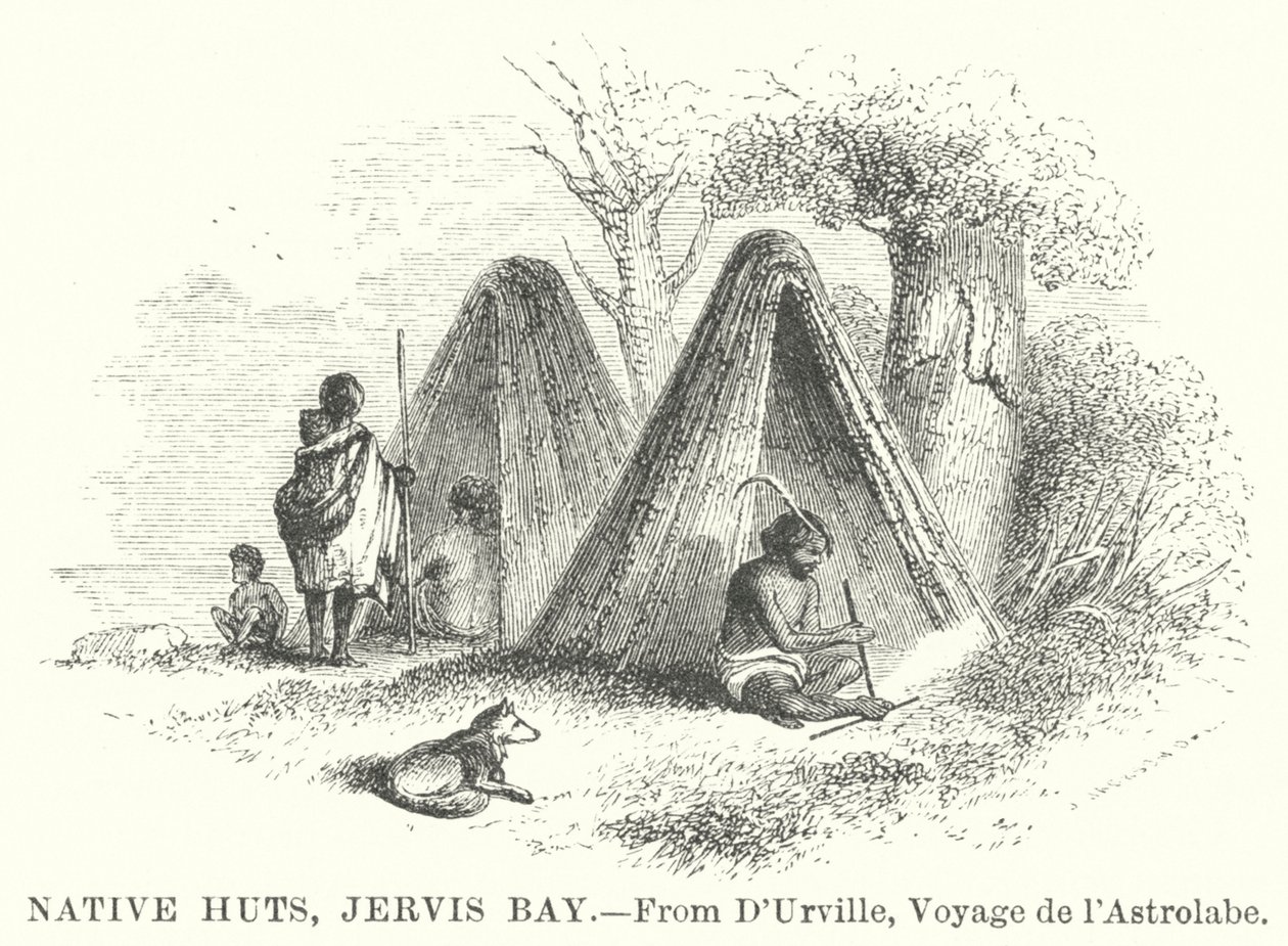Cabañas nativas, Bahía de Jervis (grabado) de English School