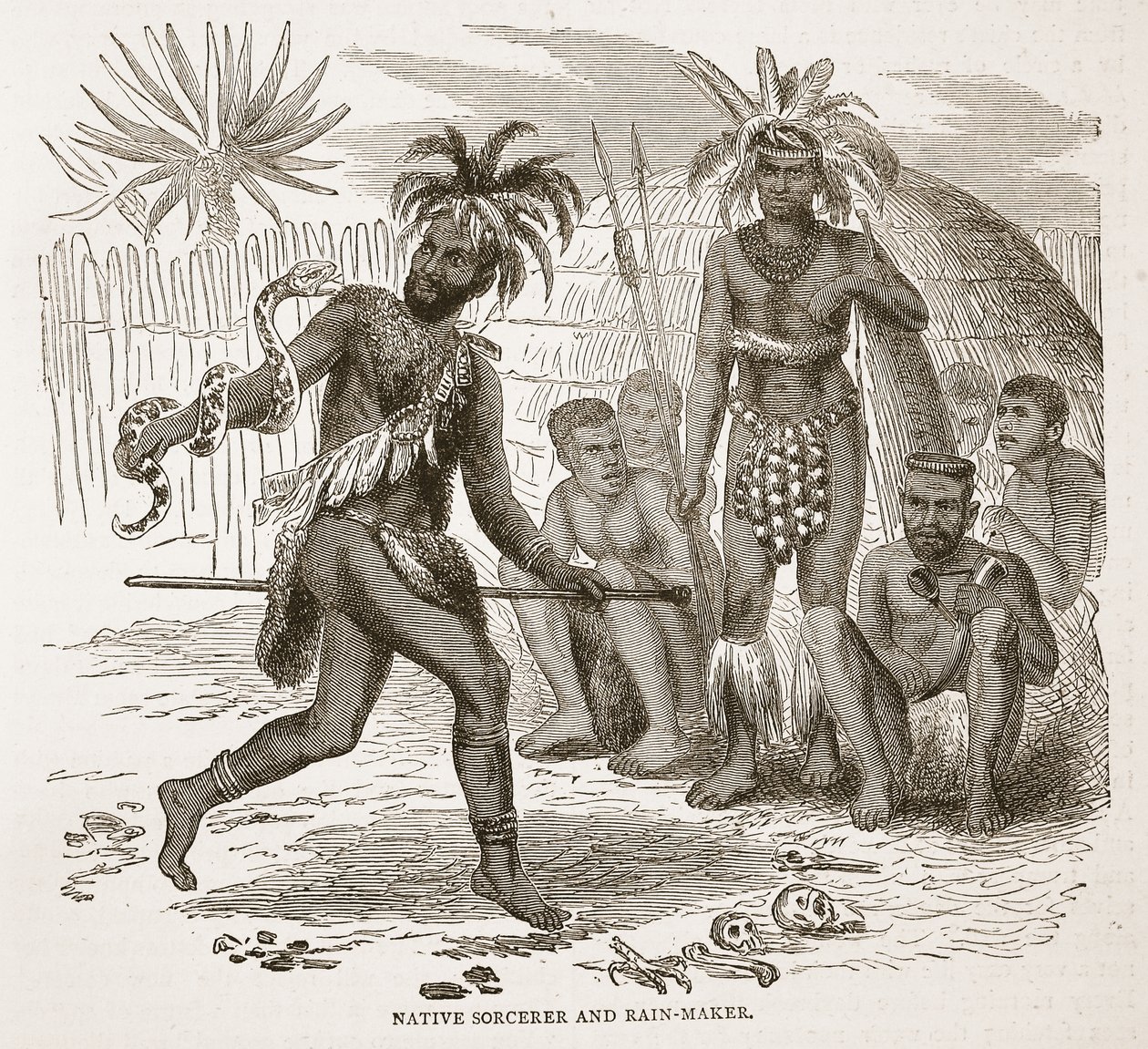 Hechicero y hacedor de lluvia nativo, ilustración de The Pictorial Edition of the Life and Discoveries of David Livingstone por J. Ewing Richie, pub. por A. Fullarton & Co., 1876 de English School