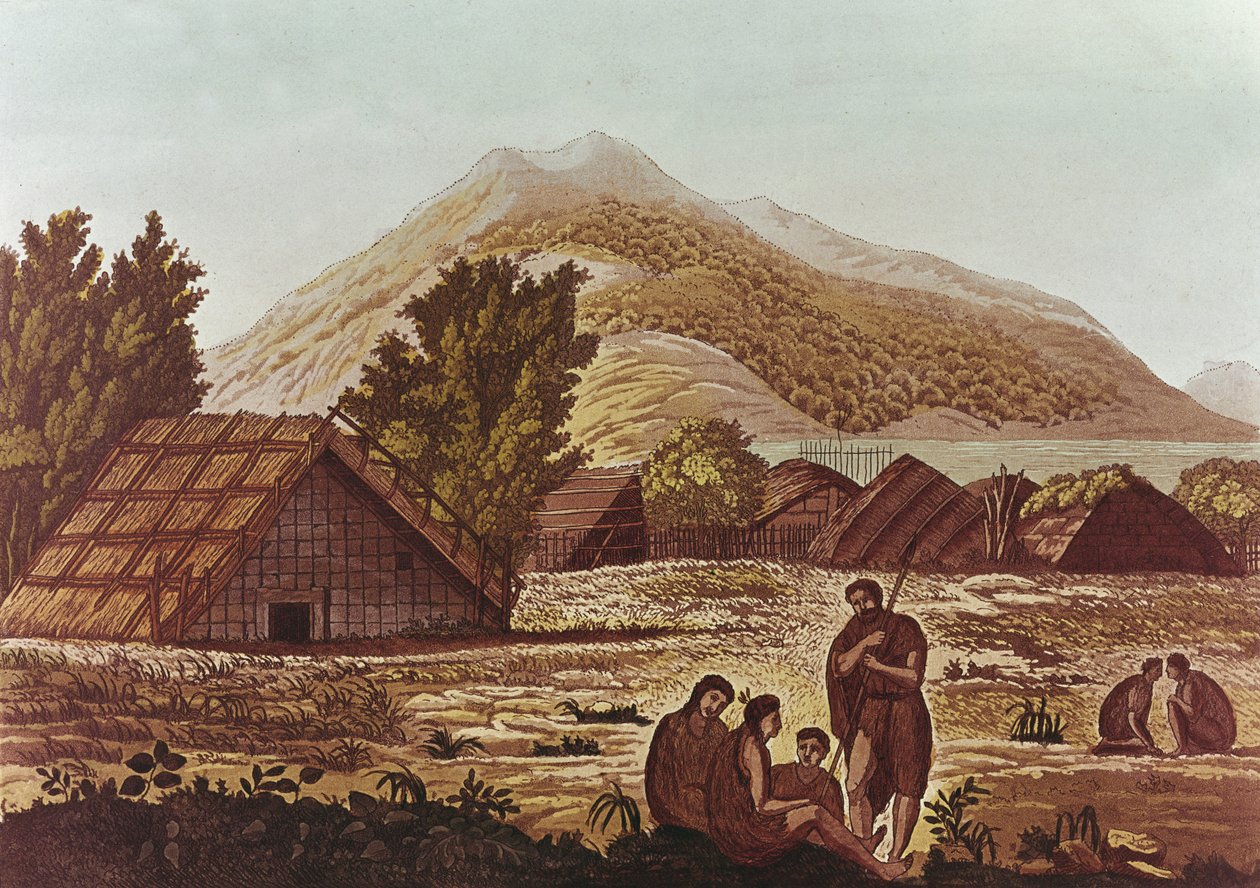 Nativos, con chozas y montañas detrás, grabado por F. Fumagalli (grabado en color) de English School
