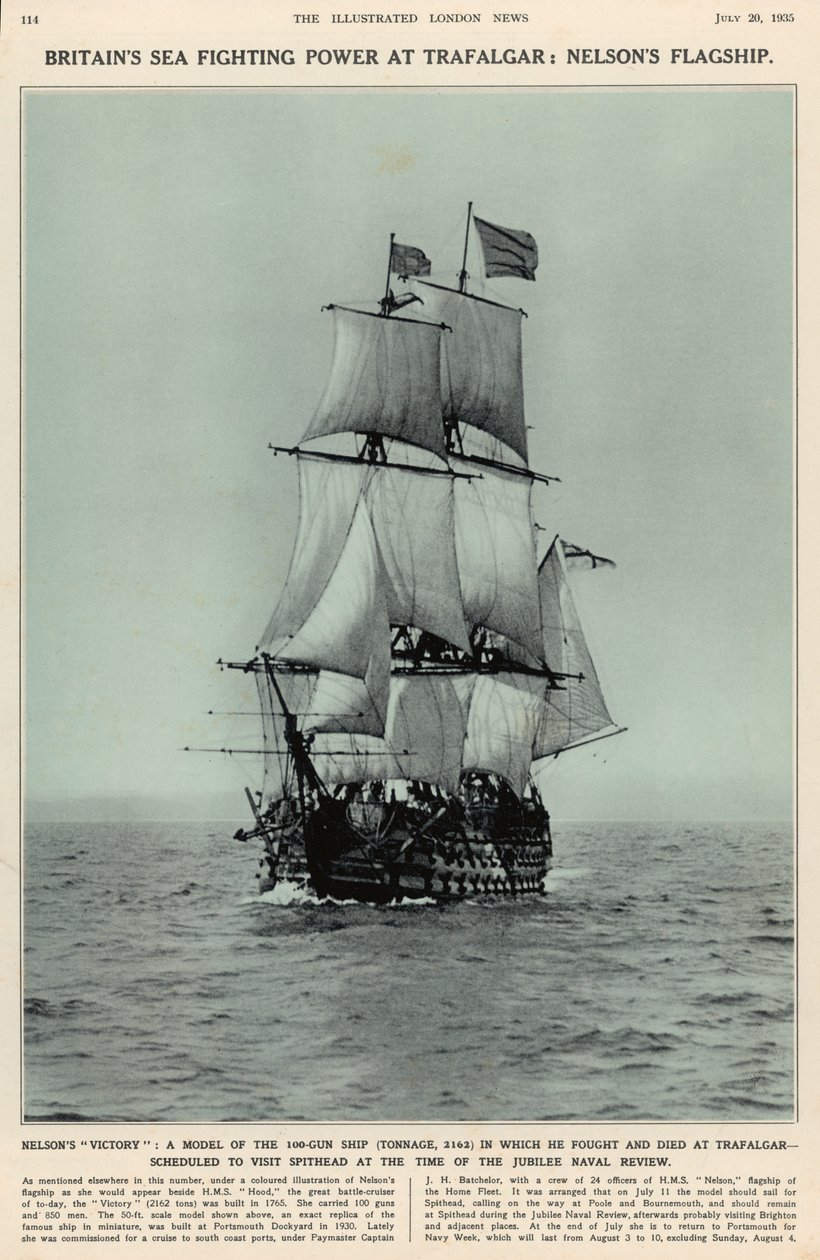 La Victoria de Nelson: un modelo del barco de 100 cañones en el que luchó y murió en Trafalgar, de The Illustrated London News Royal Naval and Military Review Number, 20 de julio de 1935 de English School