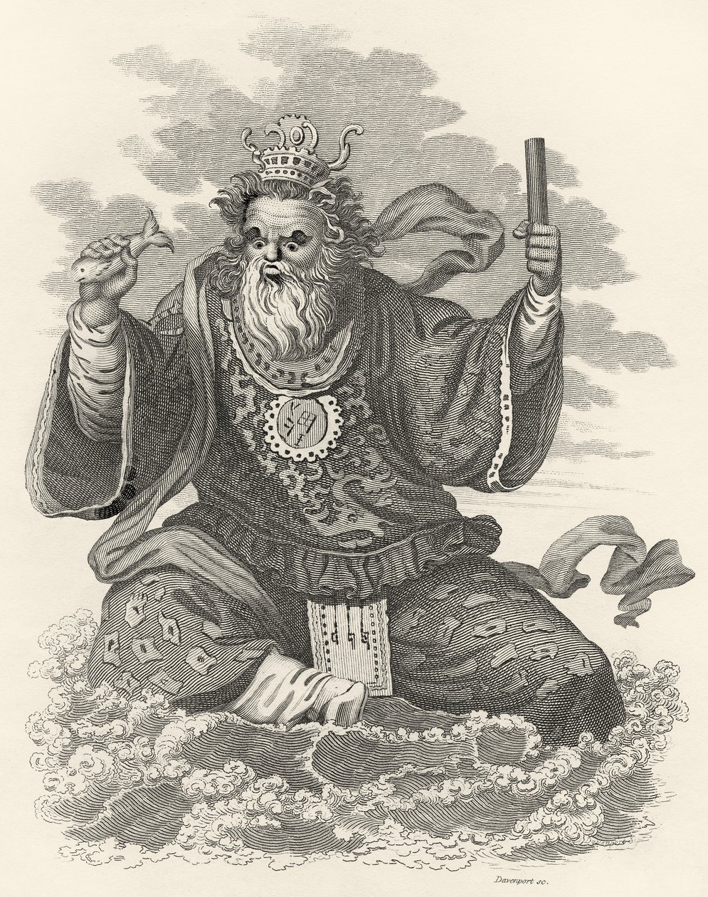 Neptuno de los chinos, ilustración de El Mundo: o el estado actual del Universo, siendo una colección general y completa de viajes y travesías modernas, por Cavendish Pelham, publicado en Londres de English School