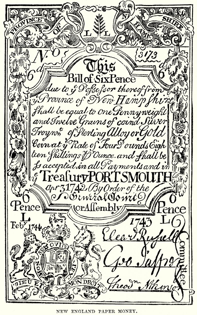 Papel moneda de Nueva Inglaterra (grabado) de English School