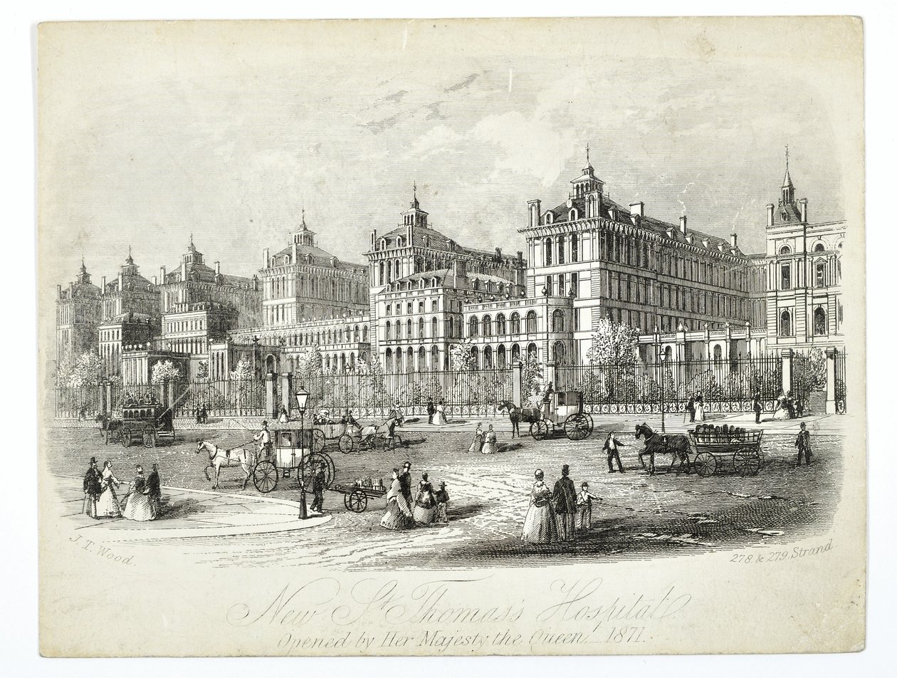 Nuevo Hospital de St. Thomas, inaugurado por Su Majestad la Reina en 1871, pub. J.T. Wood de English School