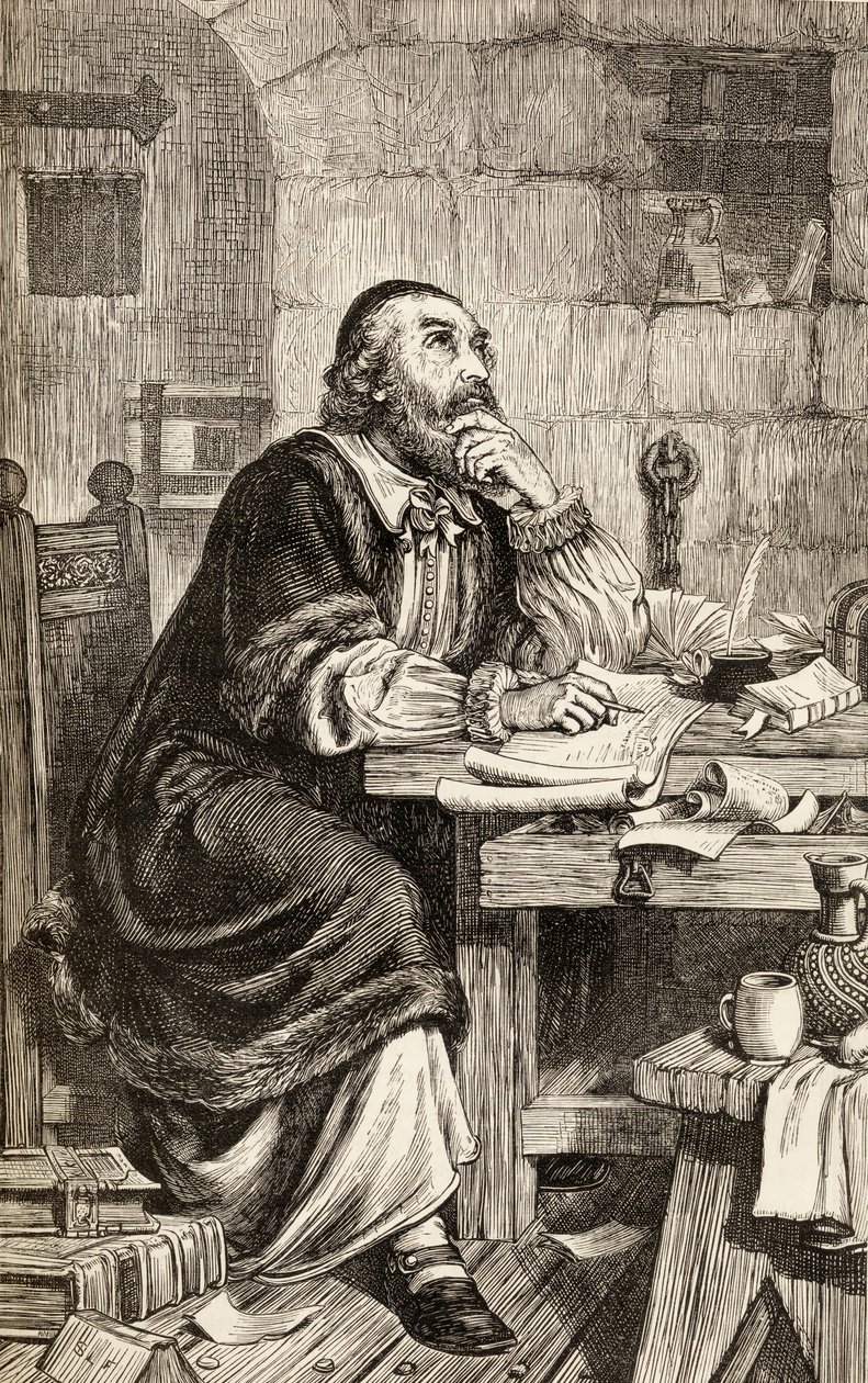 Nicholas Ridley escribiendo cartas en prisión mientras espera su ejecución, c.1865 de English School