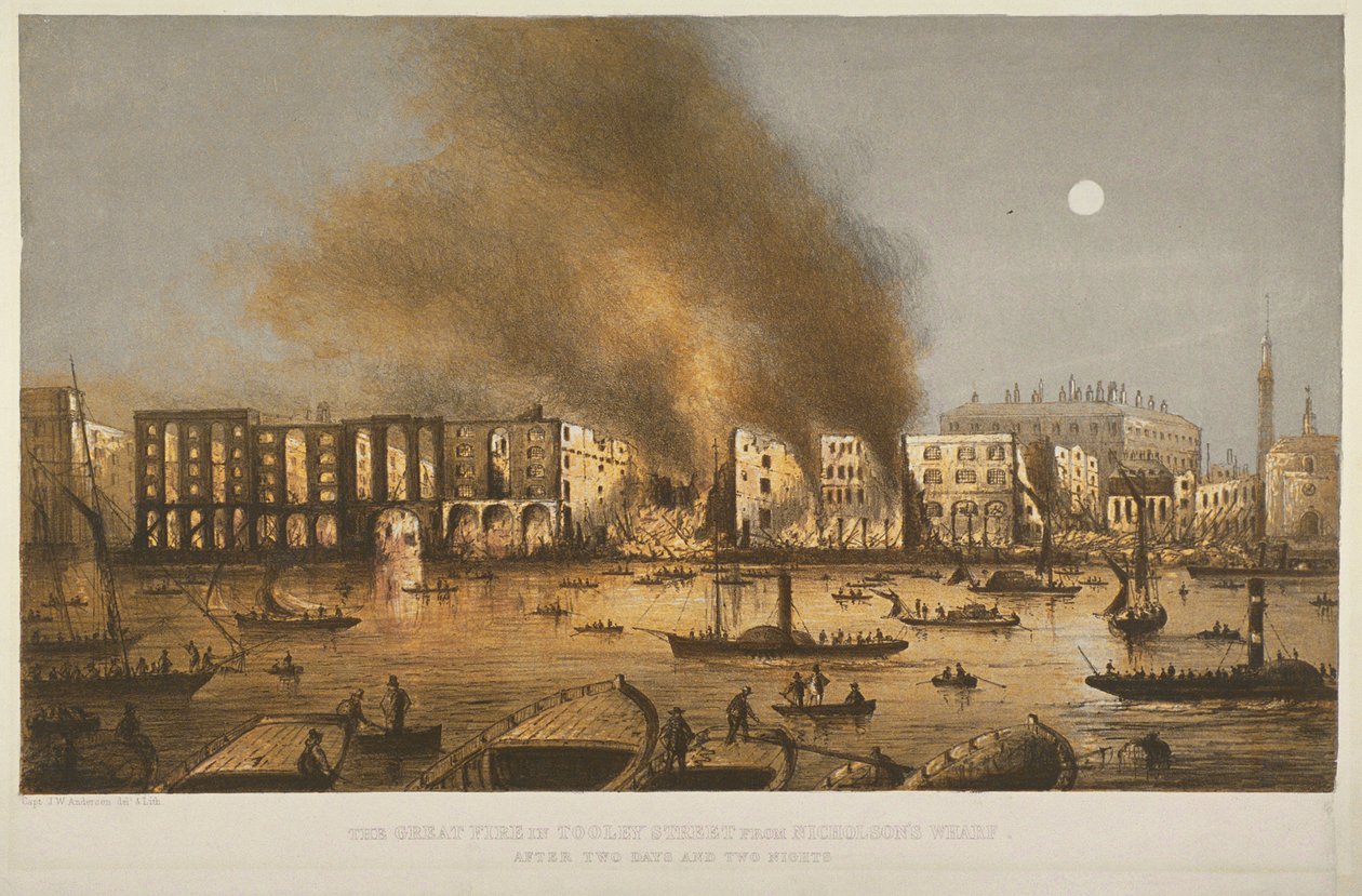 Vista nocturna del incendio de 1861 en Tooley Street, Bermondsey, 1861 de English School