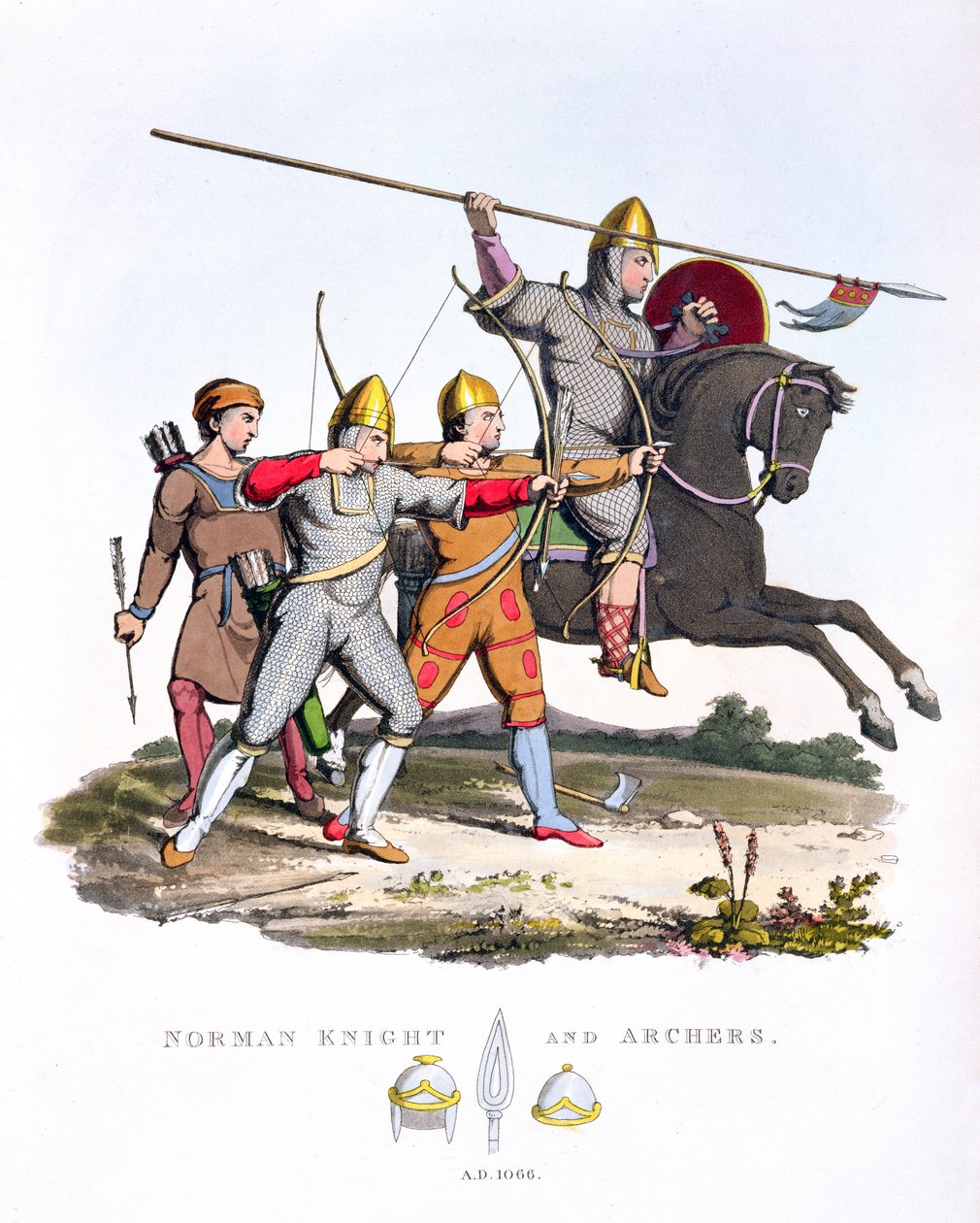 Caballero normando y arqueros, 1066, de Armadura Antigua, por Samuel Rush Meyrick, 1824 de English School
