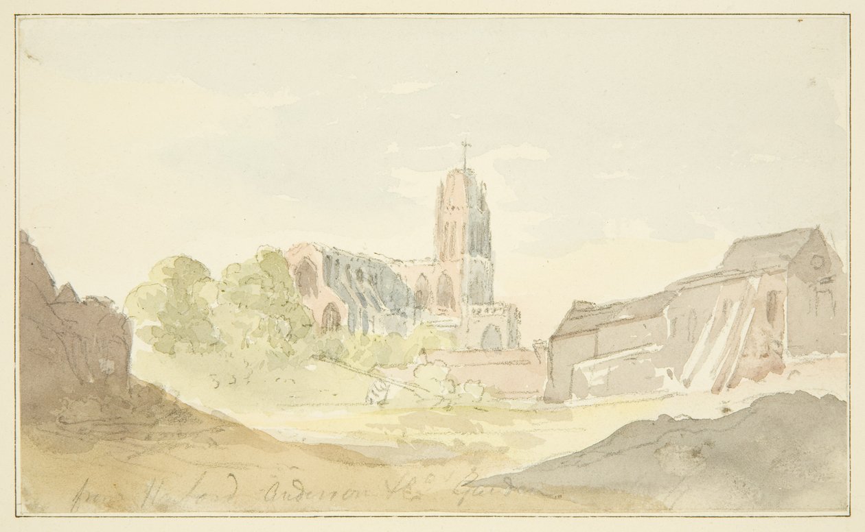 Vista noreste de St Mary Redcliffe desde el jardín Harford Anderson de English School