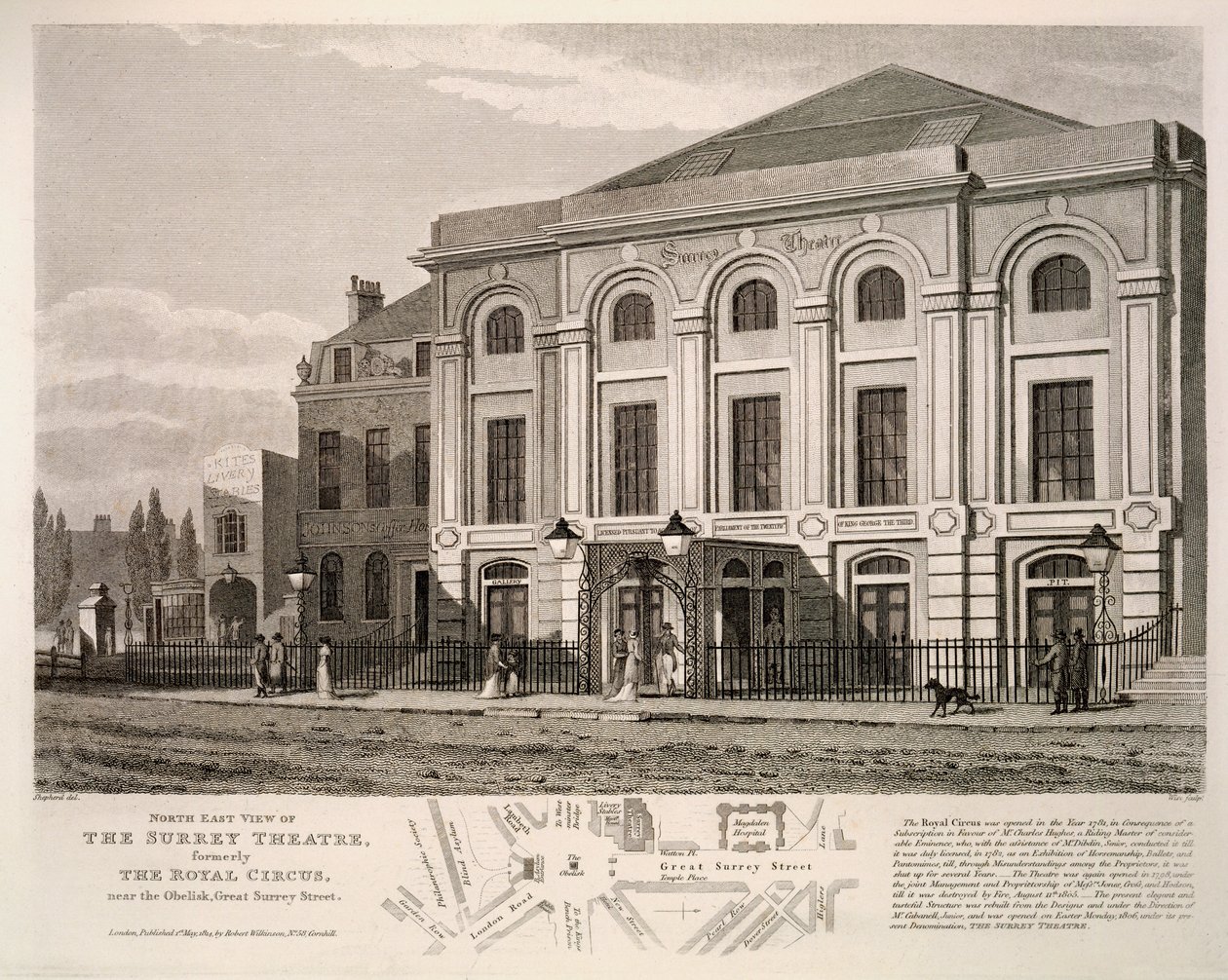 Vista Noreste del Teatro de Surrey, anteriormente El Circo Real cerca del obelisco, Great Surrey Street, 1814 de English School