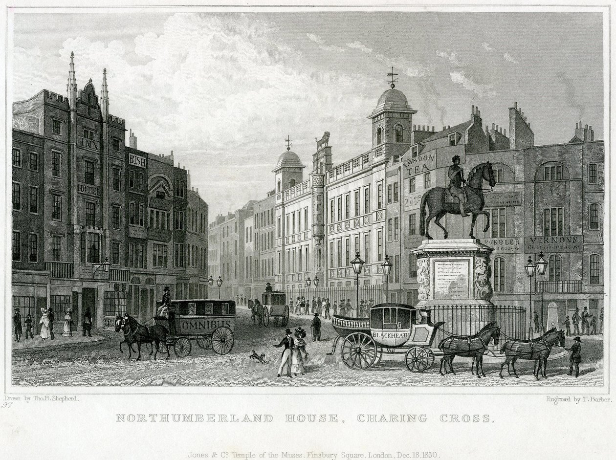 Northumberland House, Charing Cross. La oficina de lotería de Bish, No 9 Charing Cross, está al lado del Golden Cross Hotel de English School