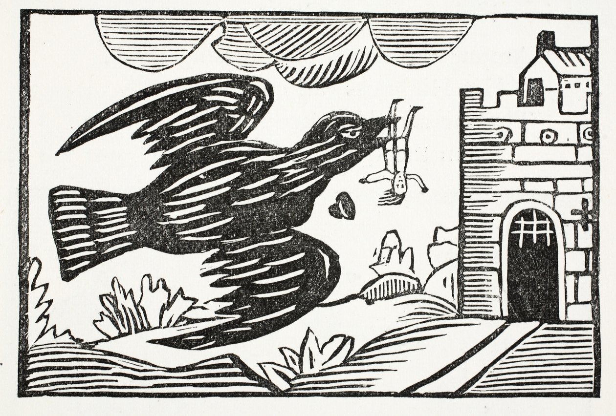 Ahora por un cuervo de gran fuerza, el pobre Tom fue llevado, ilustración de Chap-books del Siglo XVIII de John Ashton, pub. 1882 de English School