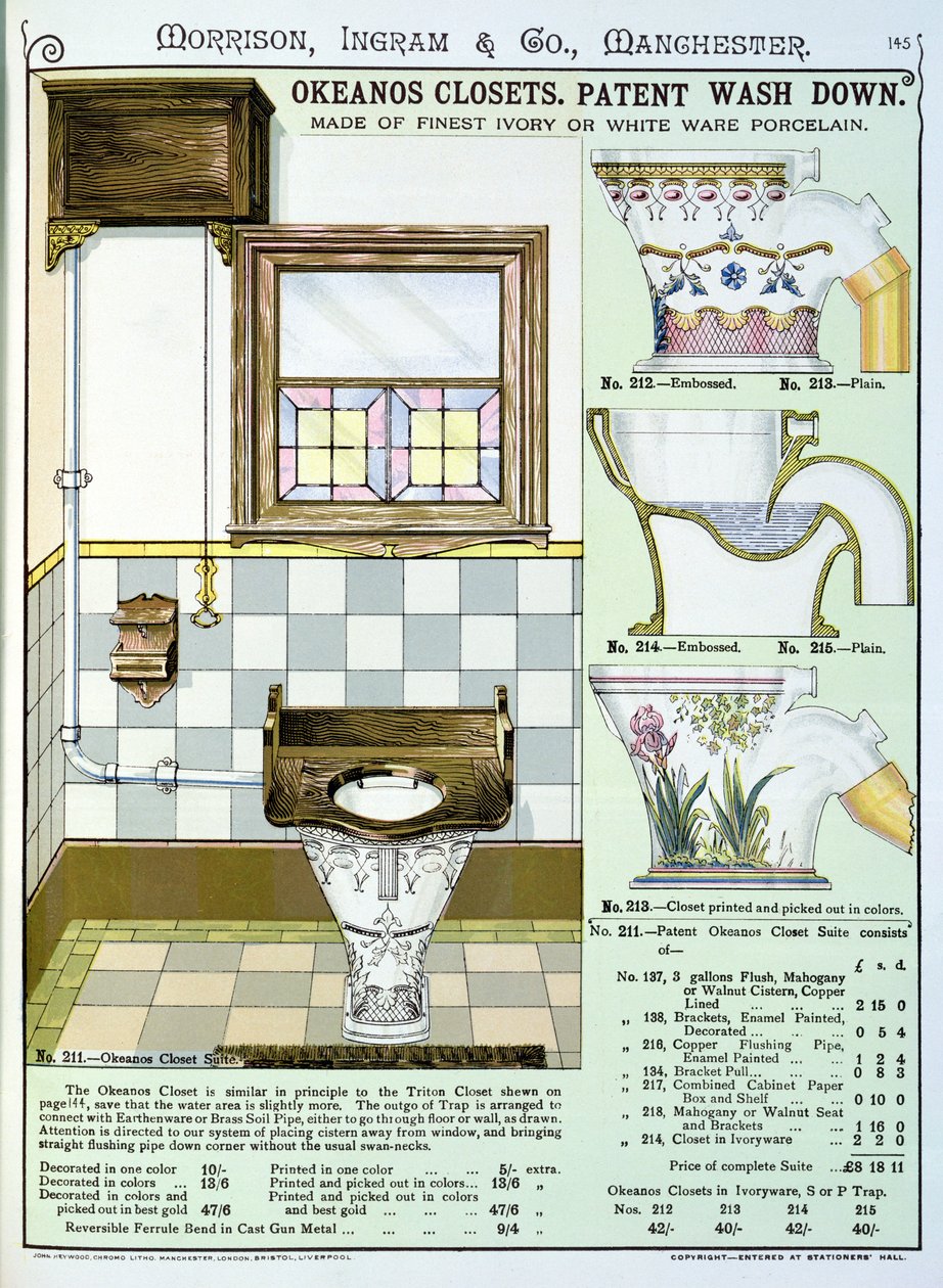 Okeanos Closets de un catálogo de artículos sanitarios producidos por Morrison, Ingram & Co., Manchester, publicado c.1890 de English School