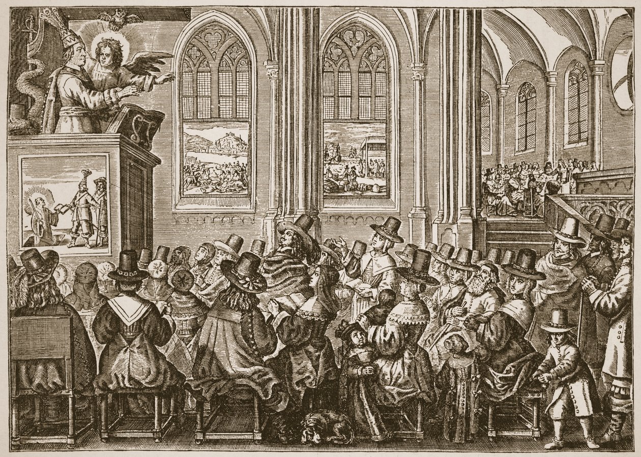 Oliver Cromwell predicando a una congregación puritana, ilustración de The Church of England: A History for the People por H.D.M. Spence-Jones de English School