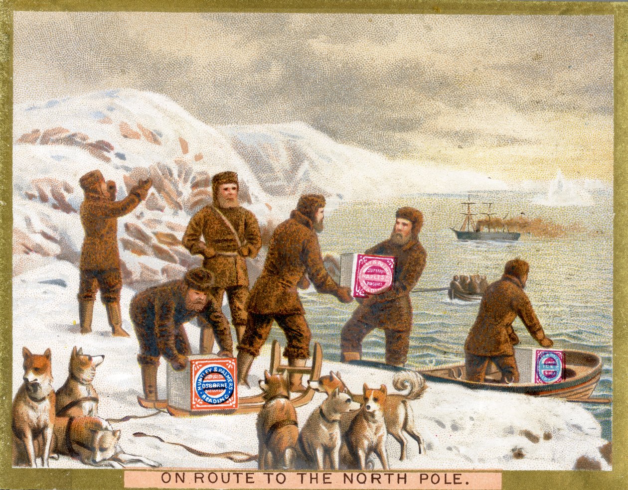 En ruta hacia el Polo Norte, tarjeta promocional para las galletas Huntley & Palmers, c.1890 de English School