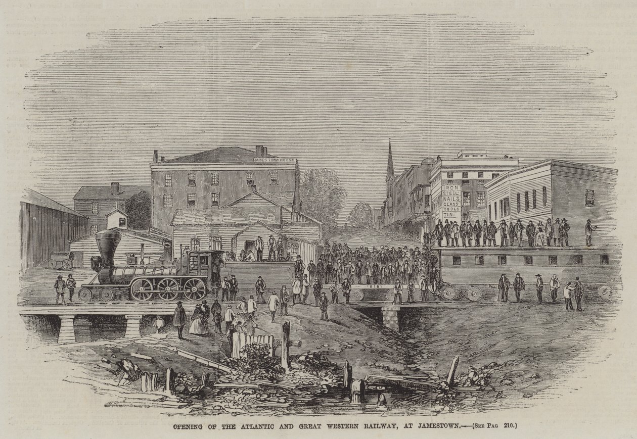 Inauguración del ferrocarril Atlantic and Great Western Railway, en Jamestown (grabado) de English School