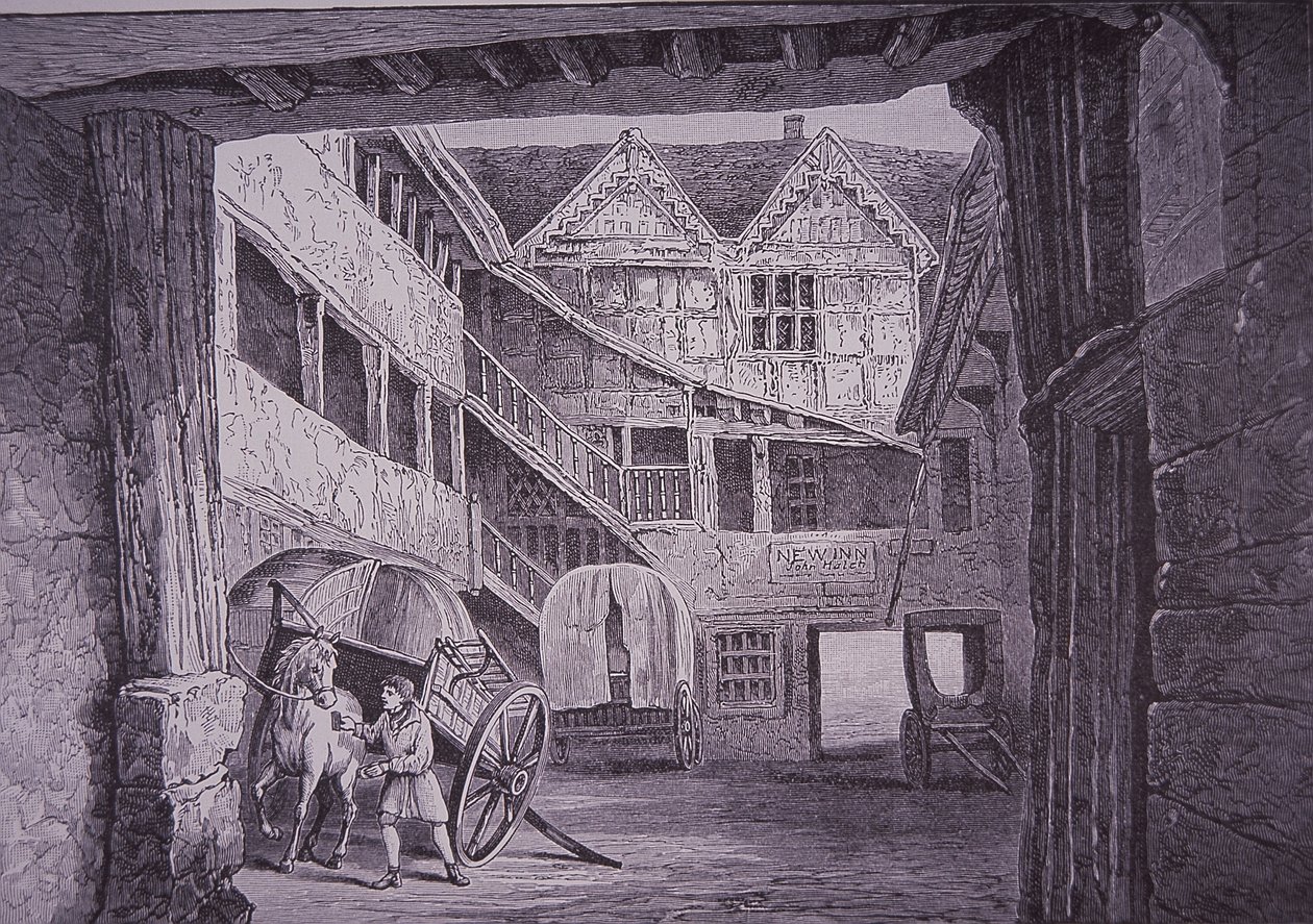 Mozo de cuadra atendiendo a un caballo en el patio del New Inn, Gloucester (xilografía) de English School