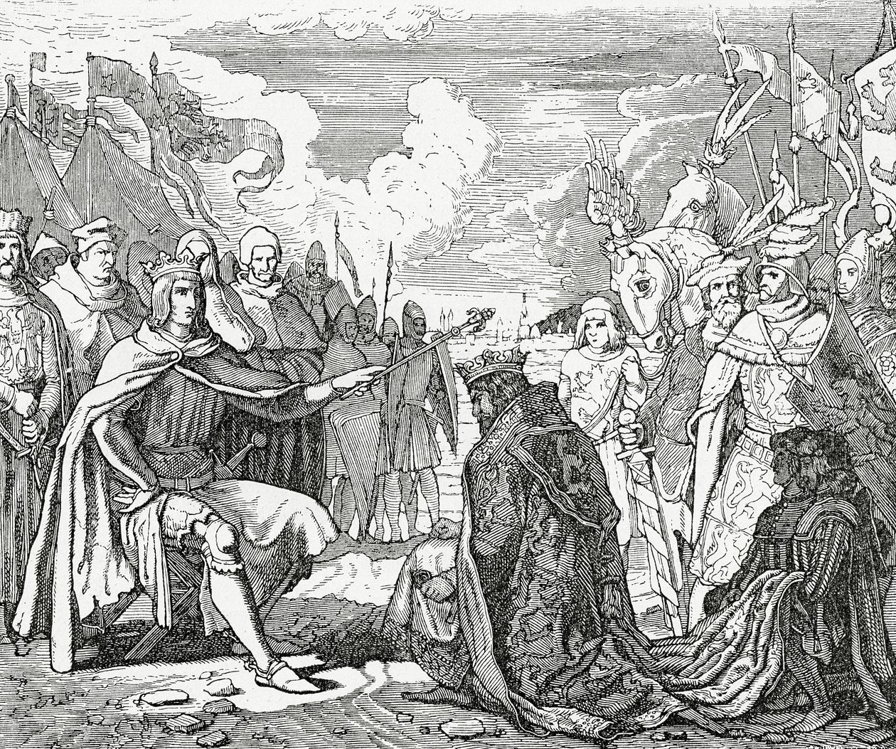 Ottokar II de Bohemia rinde homenaje a Rodolfo I, rey de Alemania en 1276 de English School
