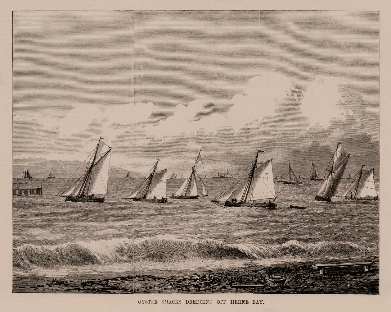 Oyster Smacks Dredging Off Herne Bay (grabado) de English School