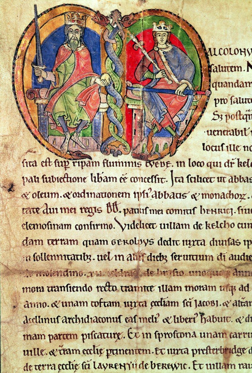 Página de la Carta de la Abadía de Kelso con una inicial iluminada que representa al rey David I (1084-1153) y a su nieto Malcolm IV (1141-65) 1159 (vitela) de English School
