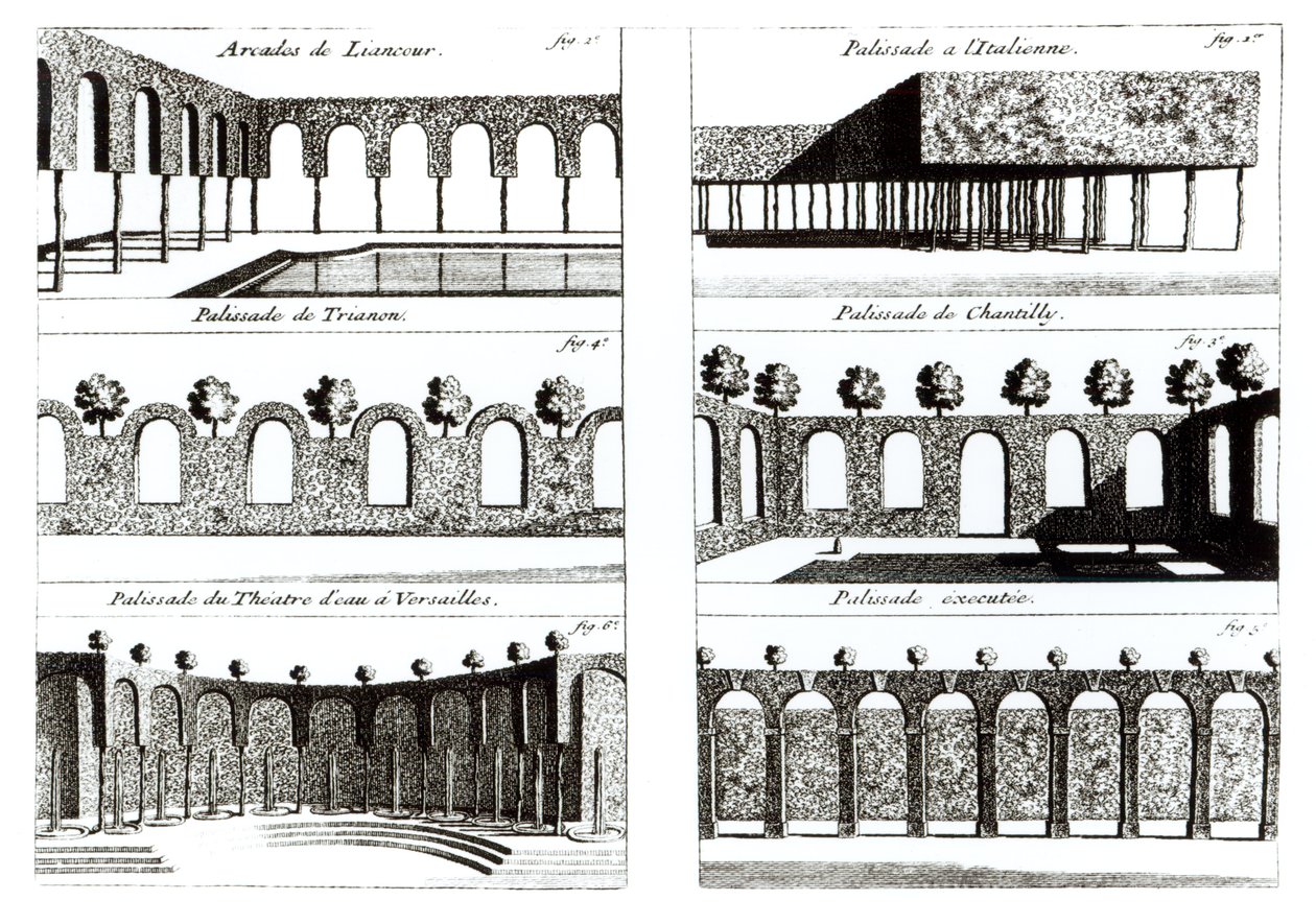 Diseños de empalizadas, de Theory and Practice of Gardening, por Antoine-Joseph Dezallier D