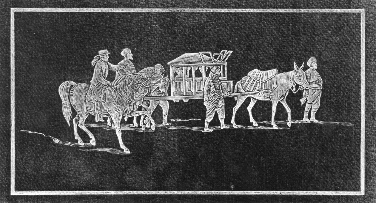 Panel de la portada de The Thrones and Palaces of Babylon and Nineveh from Sea to Sea: A Thousand Miles on Horseback por John P. Newman, publicado en 1876 de English School