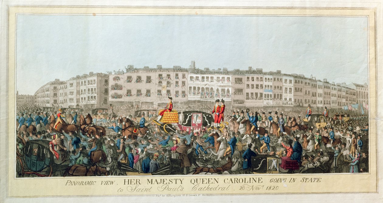 Vista panorámica. Su Majestad la Reina Carolina yendo en estado a la Catedral de San Pablo, 20 de noviembre de 1820, pub. 1821 de English School