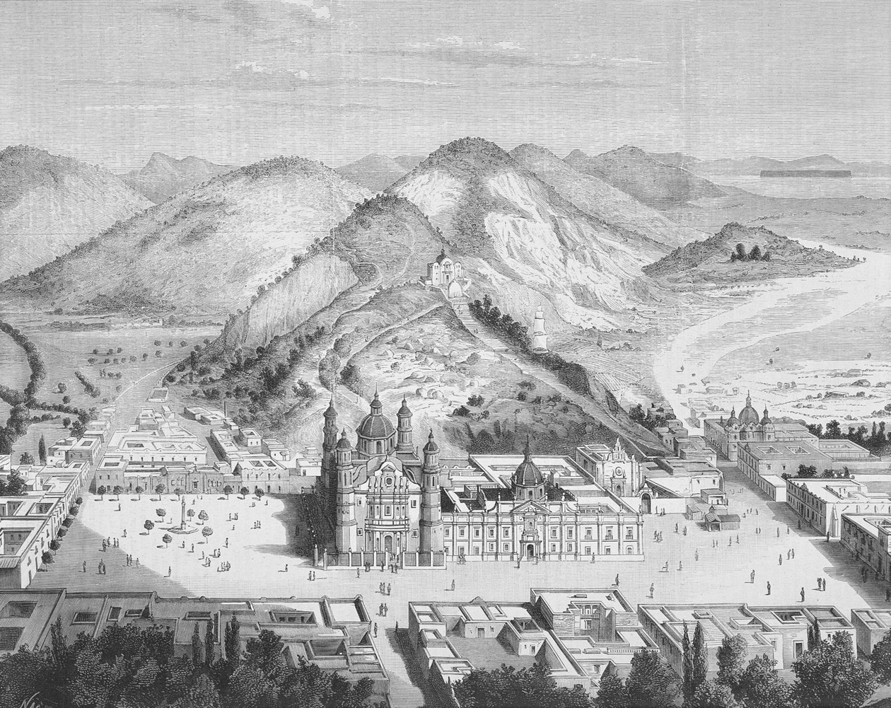 Vista panorámica de la Basílica de Guadalupe, Ciudad de México 1880s (grabado) de English School