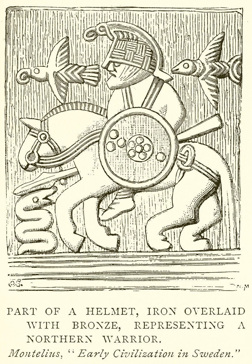 Parte de un casco de hierro recubierto de bronce que representa a un guerrero del Norte (grabado) de English School