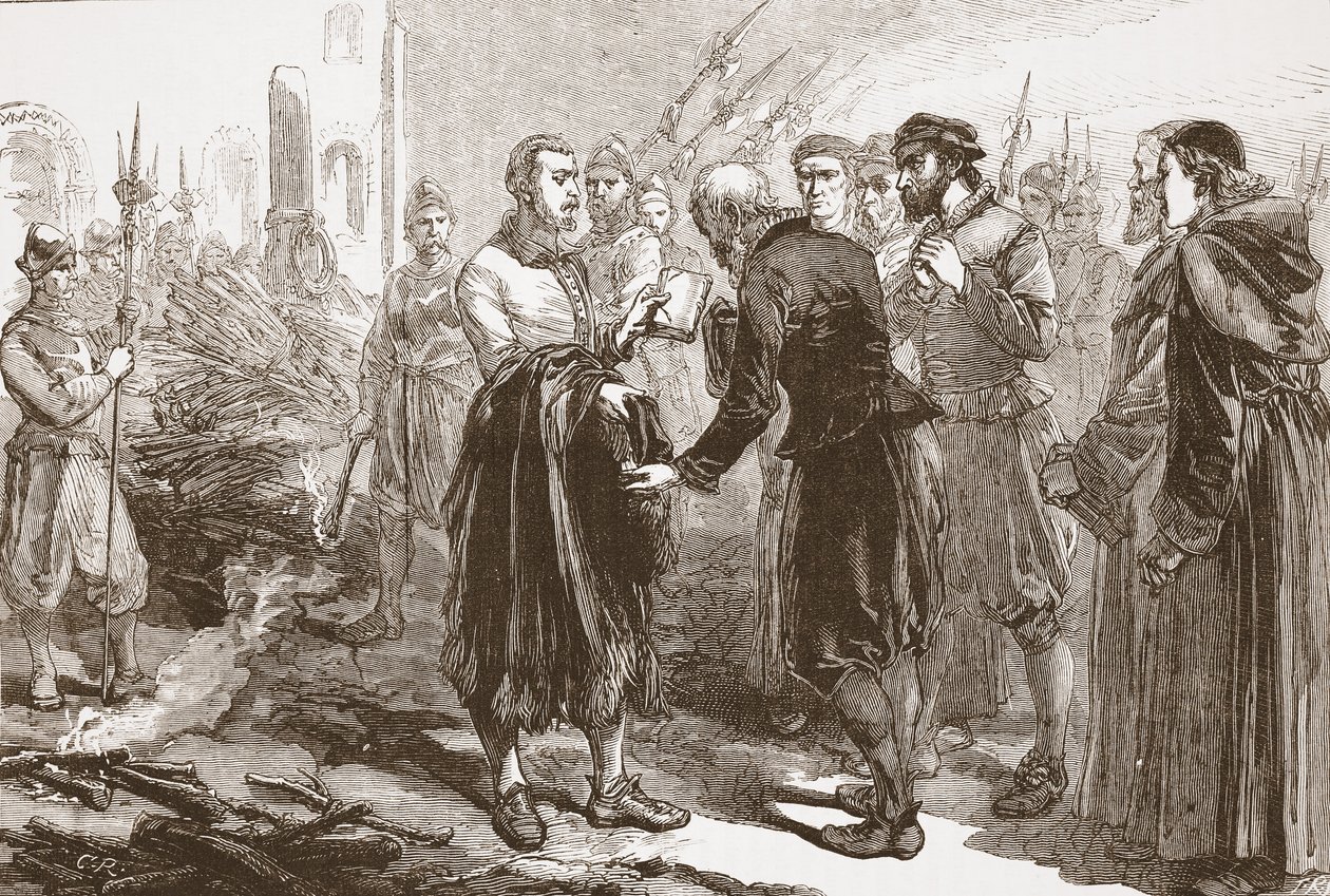 Despedida de Patrick Hamilton de sus amigos en la hoguera, ilustración de La Historia del Protestantismo de James Aitken Wylie, pub. 1878 de English School