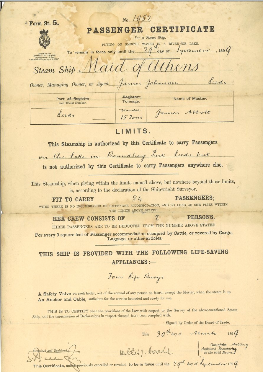 Certificado de pasajero para el barco de vapor The Maid of Athens de English School