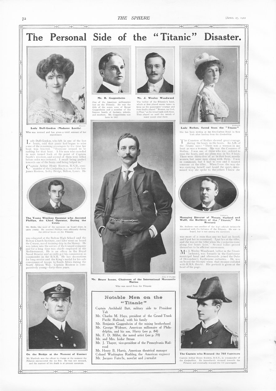 Pasajeros en el RMS Titanic, fotografías e información sobre personas notables relacionadas con el Titanic, de The Sphere, 27 de abril de 1912 de English School