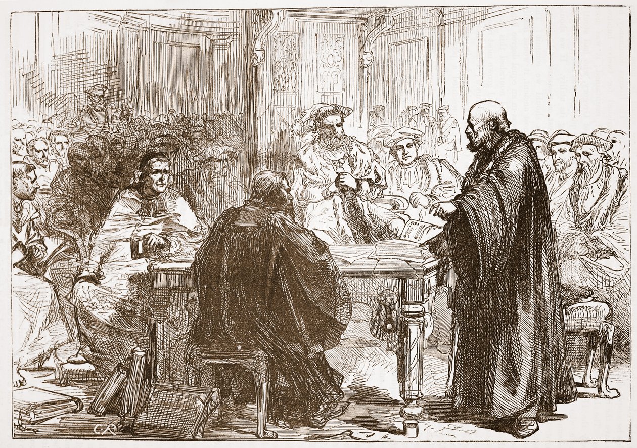 Pastor Olaf en la Conferencia de Upsala, ilustración de La Historia del Protestantismo de James Aitken Wylie, pub. 1878 de English School