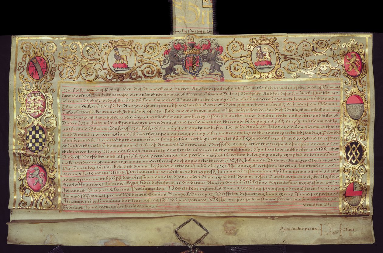 Patente para la restauración del Ducado de Norfolk, por Carlos II, 1660 de English School
