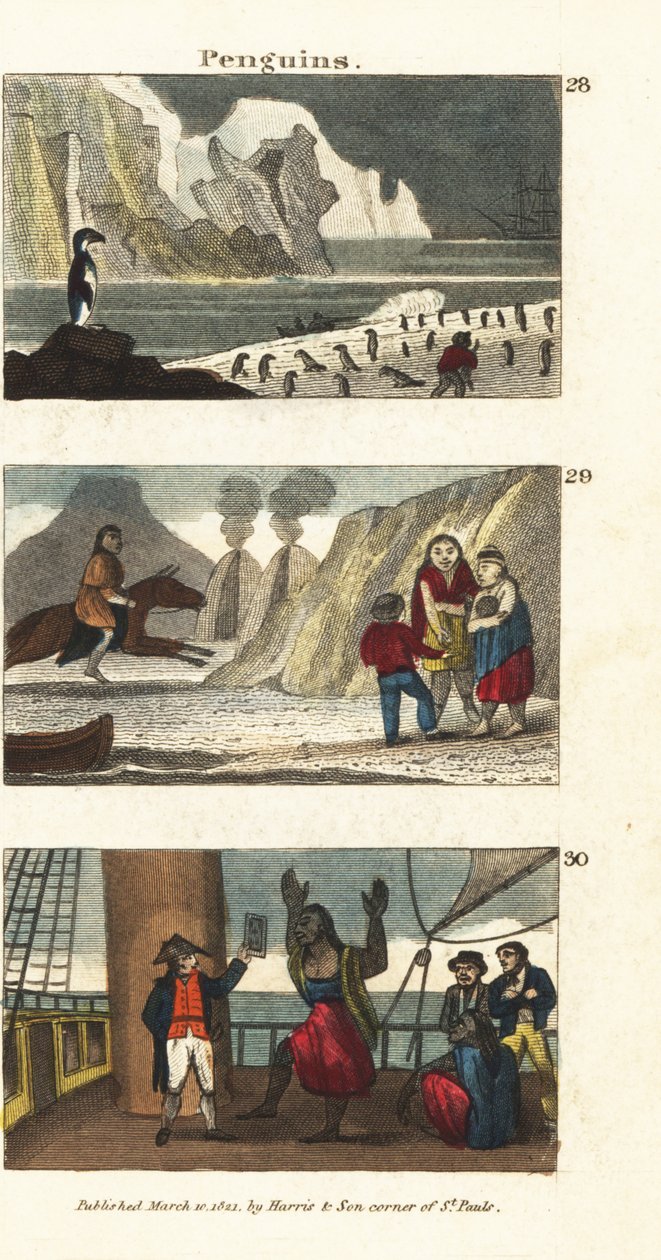 Pingüinos en Sudamérica, gigantes patagónicos con pieles de animales, y patagones encantados con la vista de un espejo en el barco del Capitán Samuel Wallis de English School
