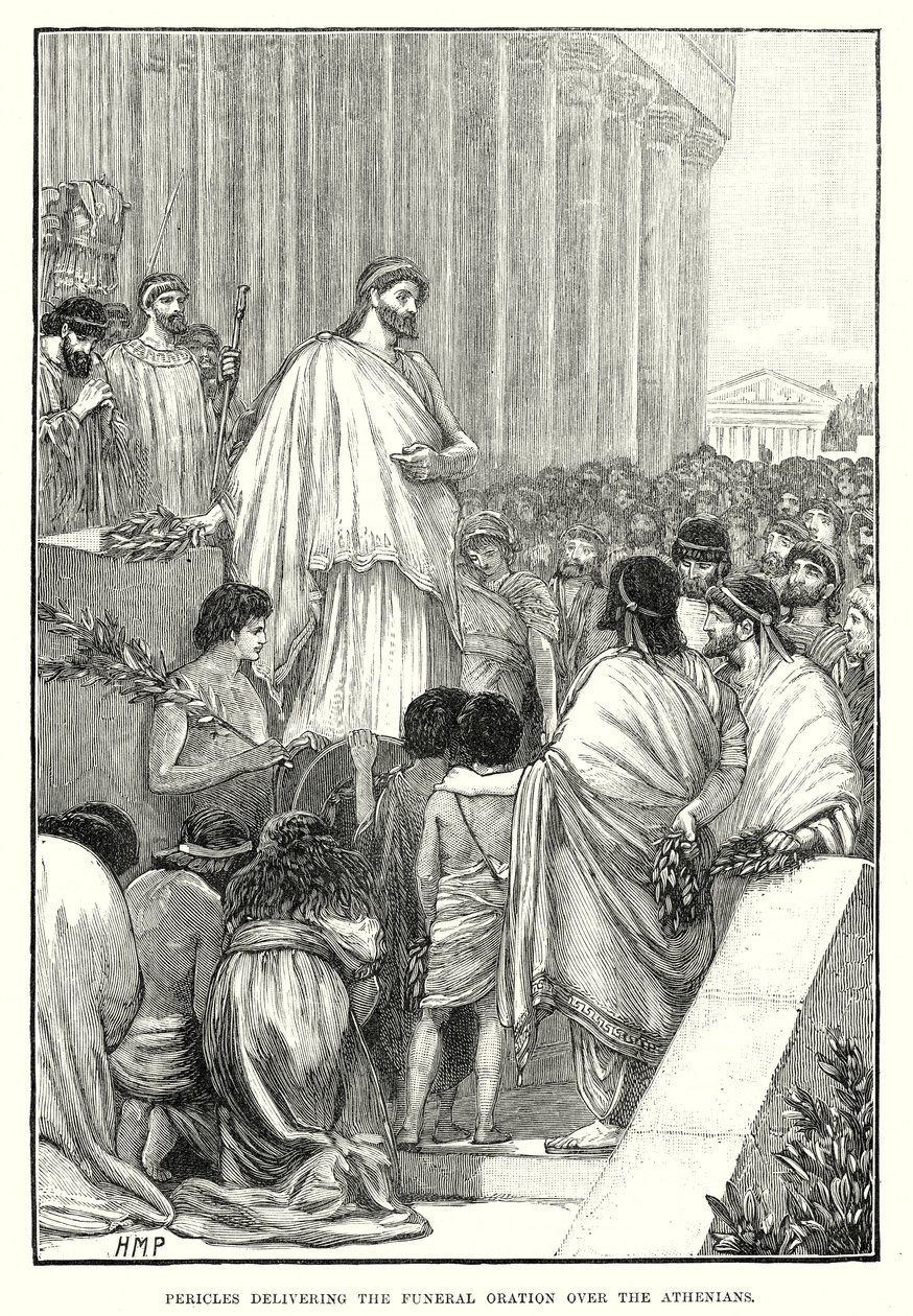 Pericles pronunciando la oración fúnebre sobre los atenienses (grabado) de English School