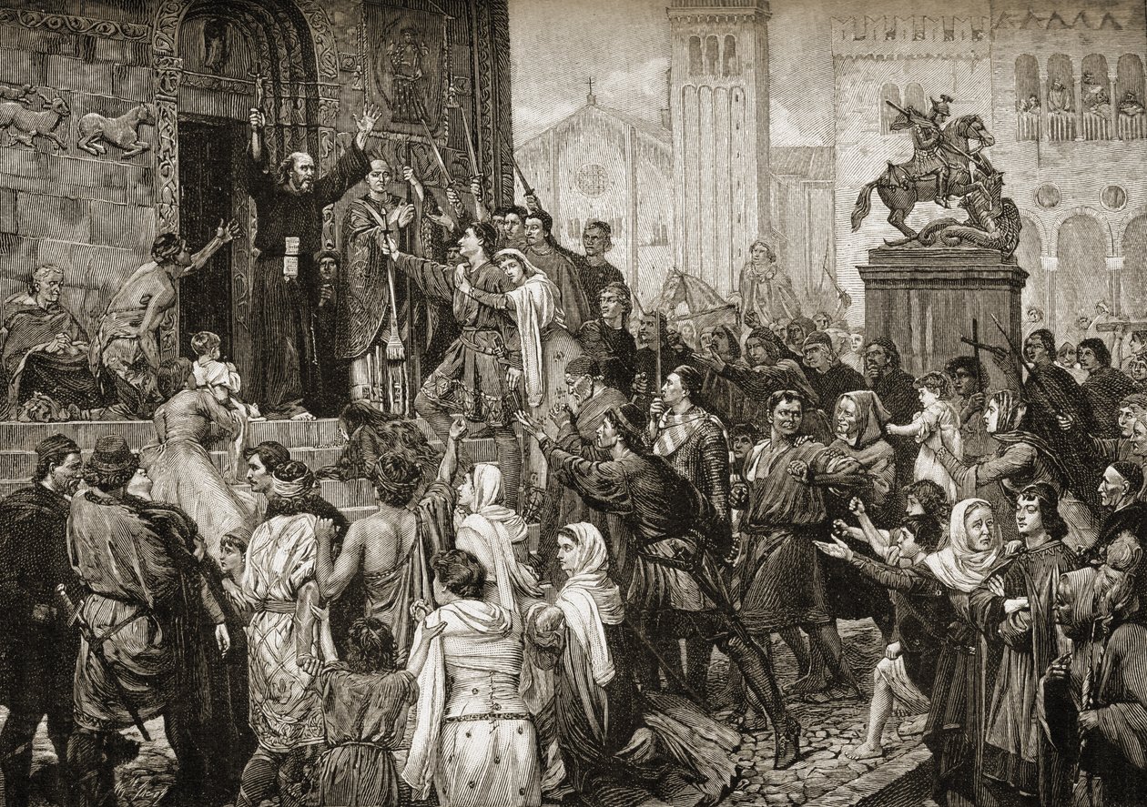 Pedro el Ermitaño (1050-1115) predicando durante la Primera Cruzada en 1095 de English School