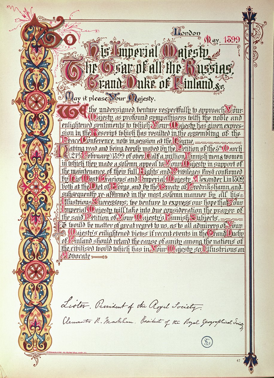 Petición al Zar Nicolás II de Rusia protestando contra la rusificación de Finlandia, 1899 (papel iluminado) de English School