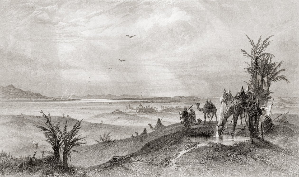Pi Hahiroth y el Mar Rojo, donde acamparon los israelitas durante su éxodo de Egipto, de "The Imperial Bible Dictionary", publ. 1889 (impreso). de English School