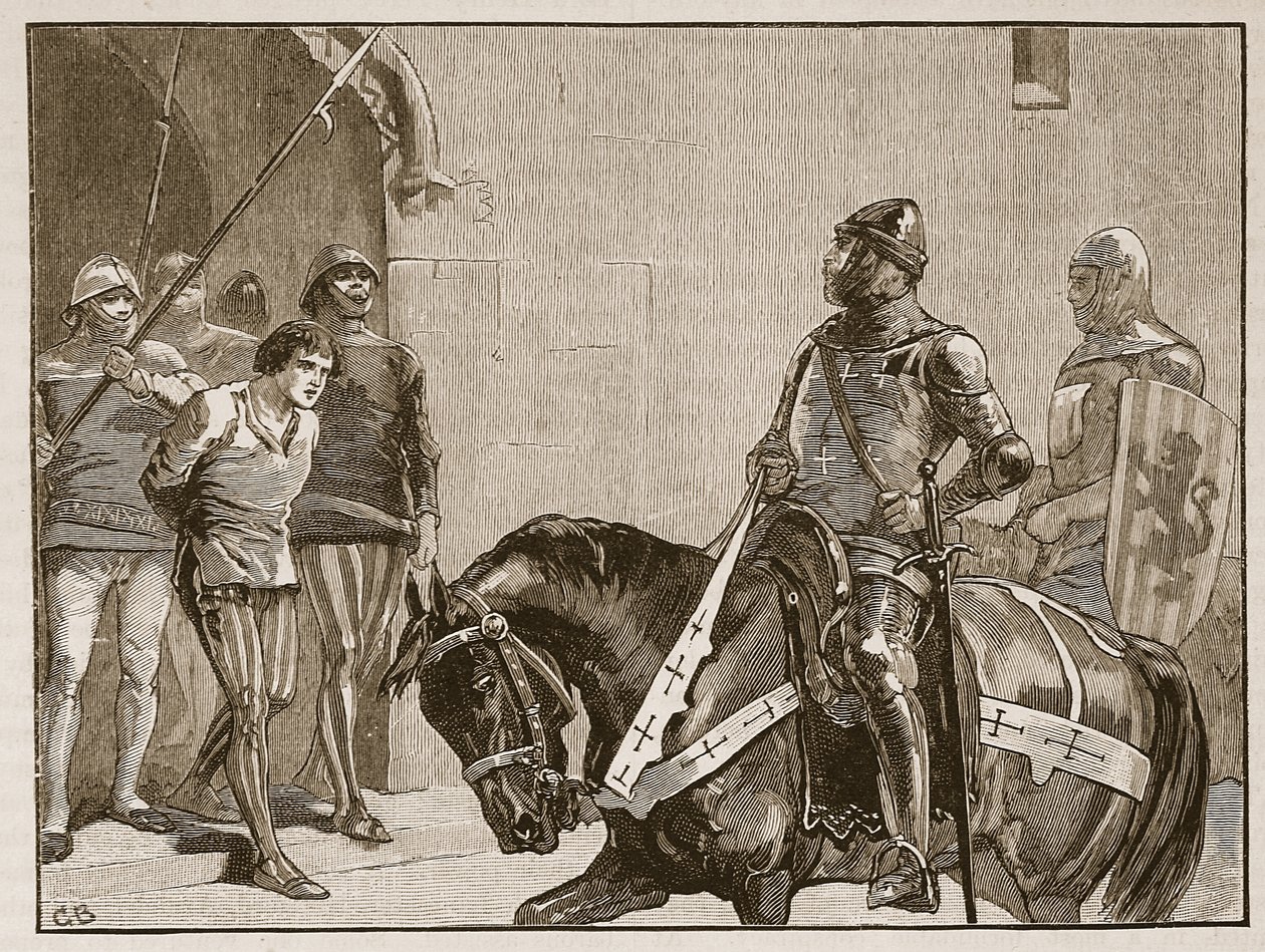 Piers Gaveston ante el Conde de Warwick, ilustración de Cassells Illustrated History of England de English School