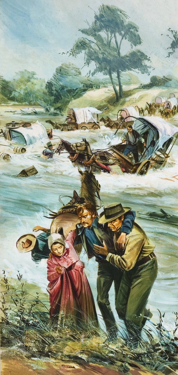 Pioneros cruzando el indomable río Arkansas a principios de la década de 1880 (gouache sobre papel) de English School