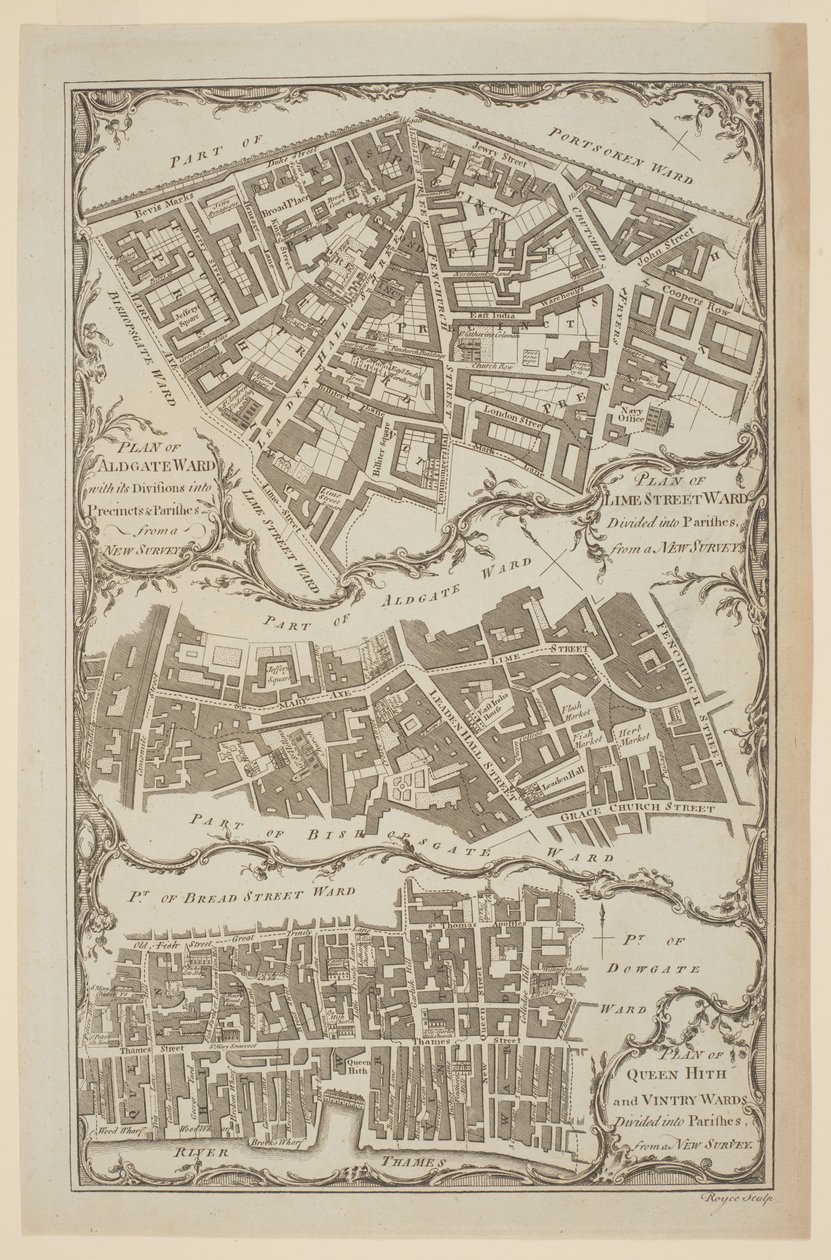 Plan of Queen Hith and Vintry Wards divided into Parishes from a New Survey". Plano de la ciudad de Londres realizado por Royce en el que se muestra Leadenhall Street y East India House de English School