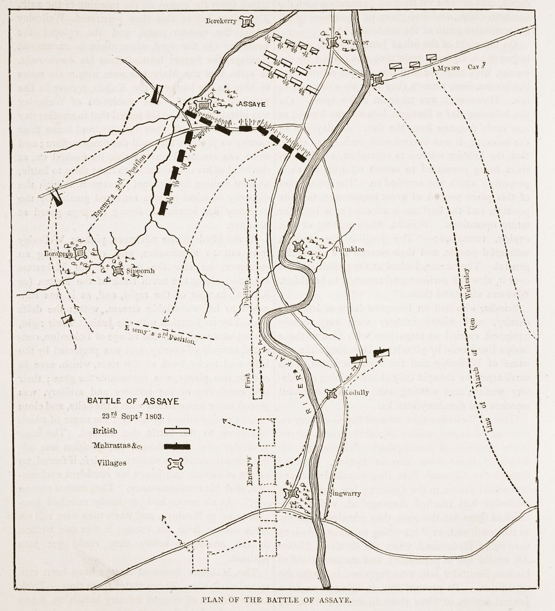 Plano de la Batalla de Assaye, ilustración de Cassells Illustrated History of India de James Grant, pub. 1879 de English School